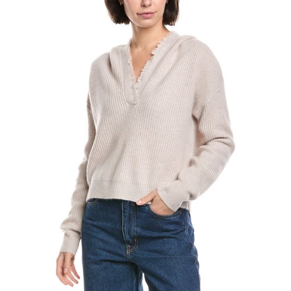 The Cashmere Project Sweater Hoodie with Fringe Trim V-Neck Beige Cream Sz S - Picture 3 of 10